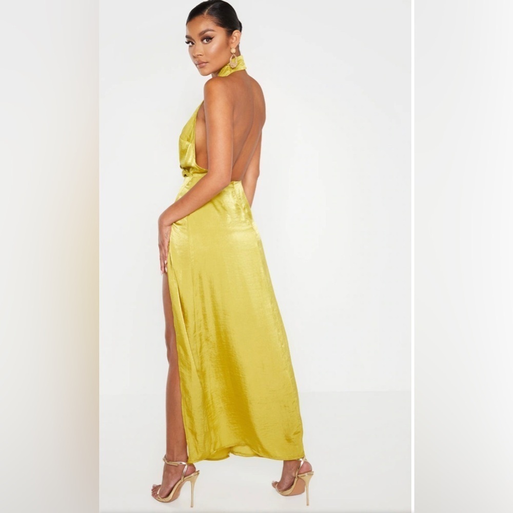 Pretty Little Thing Light Lime Hammered Satin Halterneck Maxi Dress Sz 10 - Picture 8 of 8